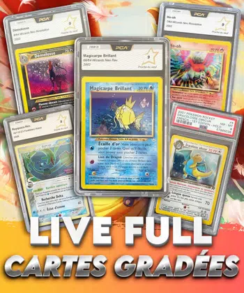 Le Vintage Show Golden Days -> Magicarpe Brillant PCA 9, Ho-Oh Neo Révélation PCA 9, Démolosse PCA 9, Dracolosse obscur Rocket édition 1 PSA 8 et Rayquaza holo reverse Fantômes Holon PCA 9 🚀🔥😱💫