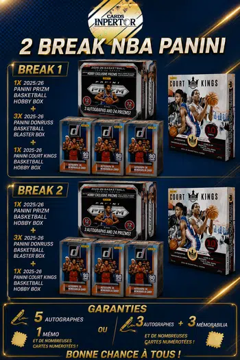2 break 1 box 2025-26 Panini Court Kings Basketball Hobby Box 1, 1 2025/26 Panini Prizm Basketball Hobby Box et 3 2025-26 Panini Donruss Cartes Basketball NBA Blaster Box.