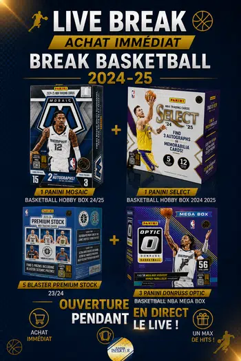 1 Panini mosaic Basketball hobby Box 24/25 + Panini Select Basketball Hobby 2024 2025 + 3 panini optic méga box + 5 blaster premium stock 23/24